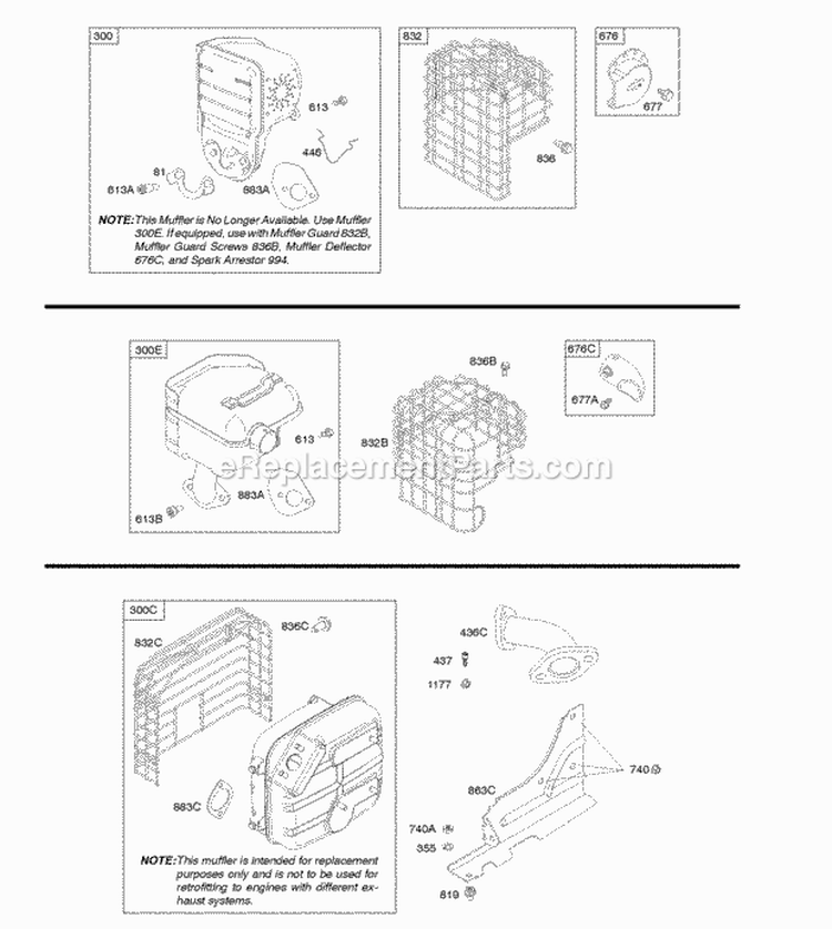 Exhaust System Diagram and Parts List for 210332-0036-E9  Briggs and Stratton Engine